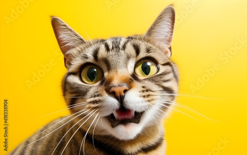 Expressive tabby cat with a comical surprised expression, highlighting its mesmerizing green eyes on a sunny hue. © Liana