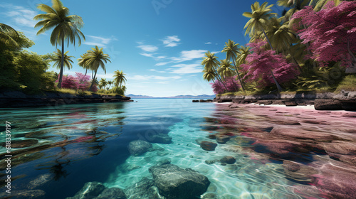 a tropical island with palm trees in the blue ocean with sparkling water
