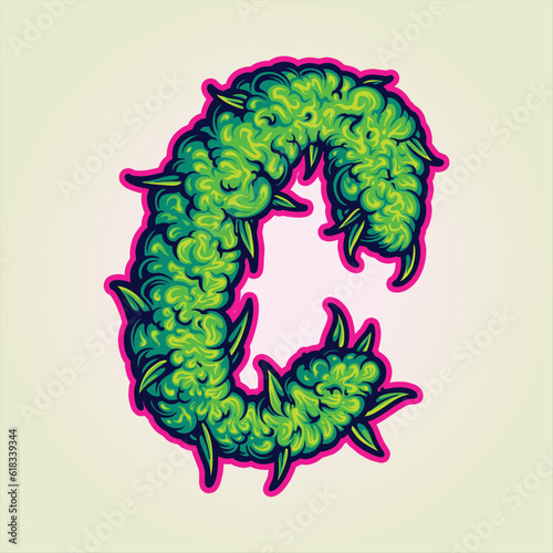 Monogram letter initial C with weed buds texture illustrations vector illustrations for your work logo, merchandise t-shirt, stickers and label designs, poster, greeting cards advertising business photo