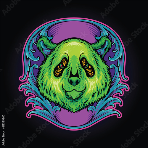 Panda heads with natural engraved ornament logo illustrations vector illustrations for your work logo, merchandise t-shirt, stickers and label designs, poster, greeting cards advertising business photo