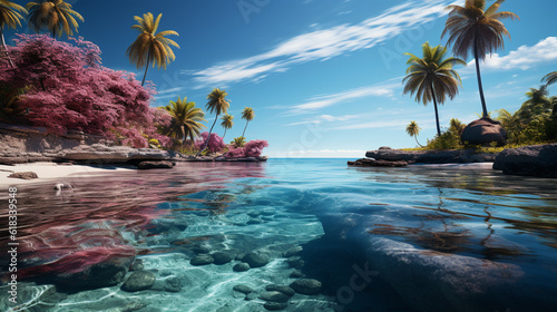 a tropical island with palm trees in the blue ocean with sparkling water  © alex