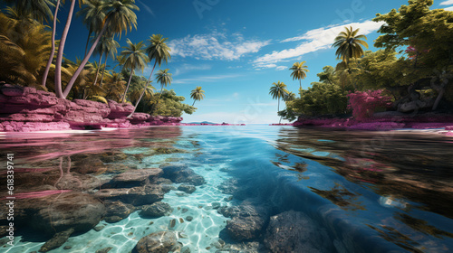 a tropical island with palm trees in the blue ocean with sparkling water 