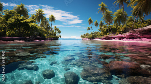 a tropical island with palm trees in the blue ocean with sparkling water 