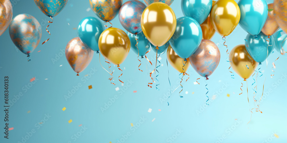 birthday party balloons with confetti and cake on light - Generative AI - obrazy, fototapety, plakaty 