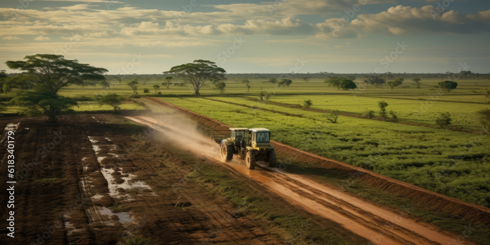 Fototapeta premium Pantanal with cotton and corn cultivation areas, landscape full of rivers and exotic fauna. Generative AI.