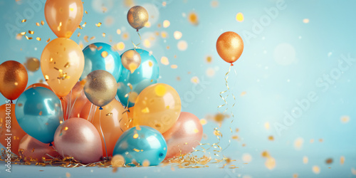 birthday party balloons with confetti and cake on light - Generative AI