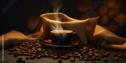 op view of Cup of coffee and coffee beans in a sack on dark background - Generative AI