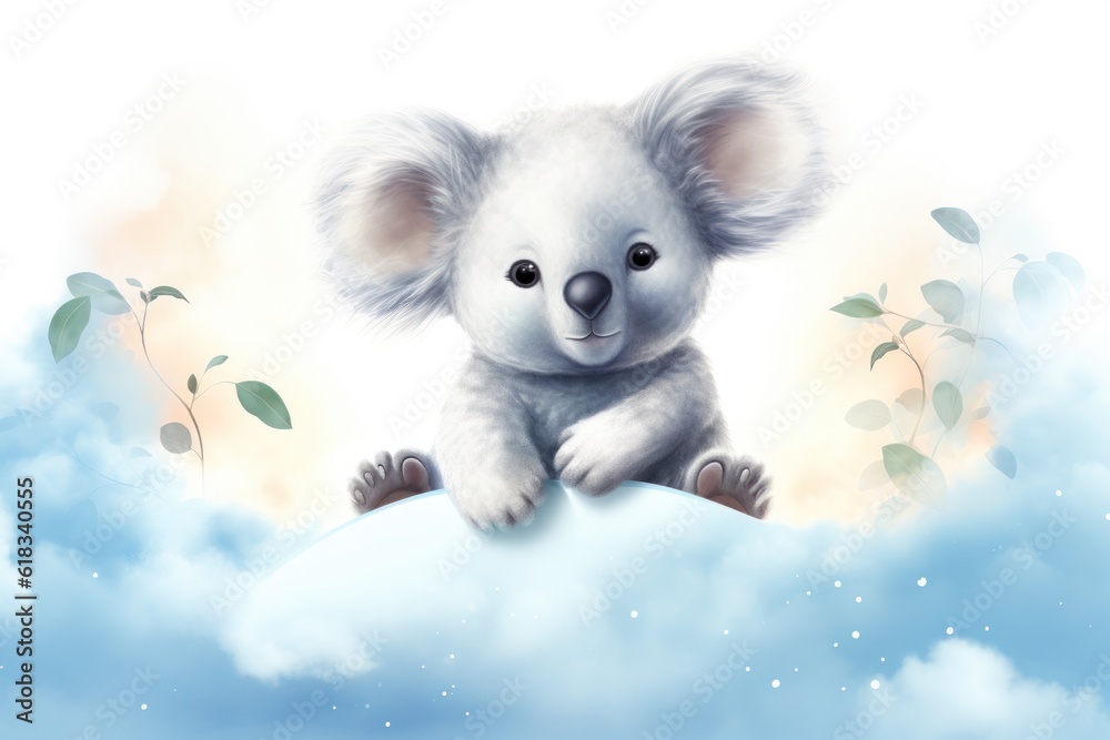 Cute little koala gracefully rests on a cloud. Adorable cartoon design with a white background, perfect for children greeting cards. Concept of cuteness and childhood. Cute little koala gracefully rests on a cloud. Adorable cartoon design with a white background, perfect for children greeting cards. Concept of cuteness and childhood.
