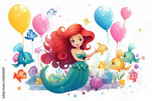 Adorable and cute little mermaid interacting with marine life cartoon characters