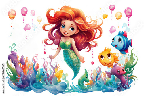 Adorable and cute little mermaid interacting with marine life cartoon characters