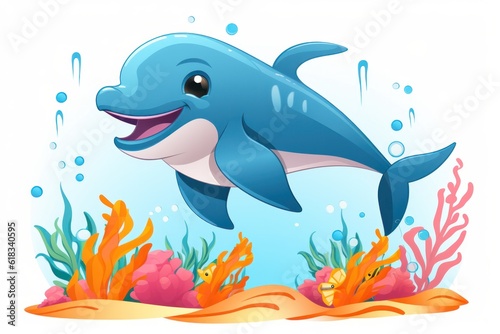 Cute cartoon illustration of a smiling dolphin swimming among vibrant coral reefs and colorful sea plants