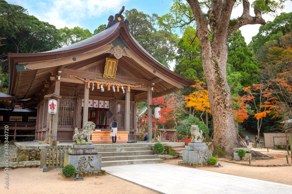 Fukuoka, Japan - Nov 30 2022: Homangu Kamado shrine located at Mt. Homan, venerated from ancient times as a sacred mountain, the shrine probably the inspiration for Kimetsu no Yaiba: Demon Slayer Fukuoka, Japan - Nov 30 2022: Homangu Kamado shrine located at Mt. Homan, venerated from ancient times as a sacred mountain, the shrine probably the inspiration for Kimetsu no Yaiba: Demon Slayer