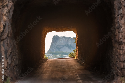 Mount Rushmore in South Dakota through a tunnel