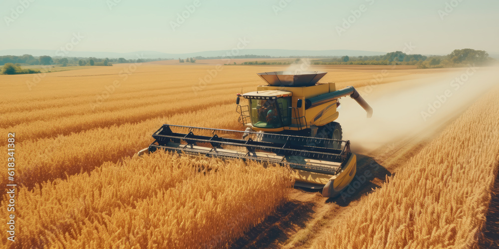Fototapeta premium Large powerful rural tractor advancing through wheat plantations for high productivity harvest. Generative AI.