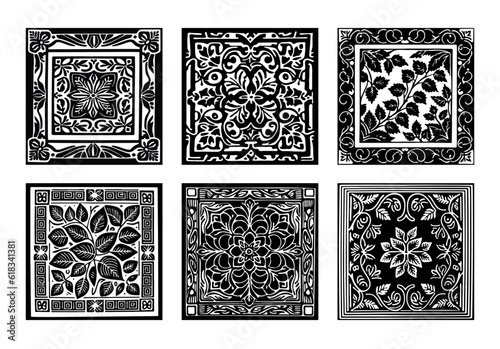 Square linocut tiles with leaves