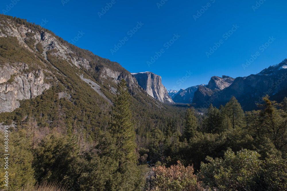 Yosemite National Park Valley with El Capitan and Half Dome with waterfalls