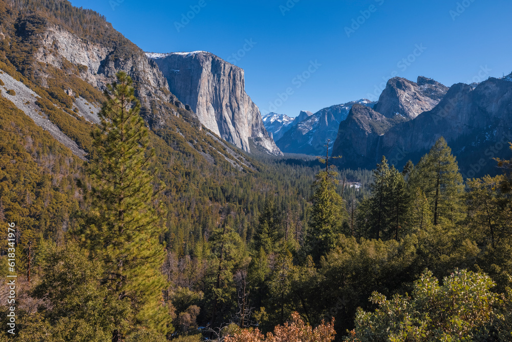 Yosemite National Park Valley with El Capitan and Half Dome with waterfalls