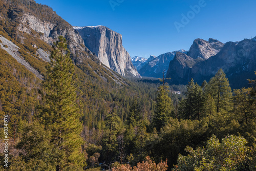 Yosemite National Park Valley with El Capitan and Half Dome with waterfalls