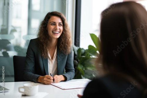 Smiling Female Manager Interviewing an Applicant In Office photo