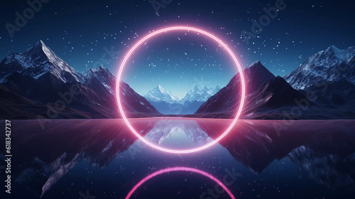 Abstract neon background with geometric circle shape  Beautiful frame and extraterrestrial landscape under the night sky and Rocks. Futuristic minimalist wallpaper. Created with Generative AI.