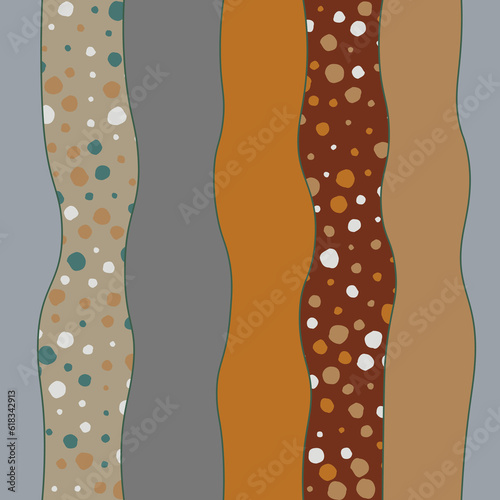 Seamless multicolored pattern, wavy stripes, polka dots.