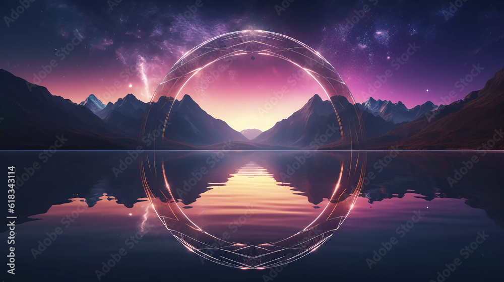 Abstract neon background with geometric circle shape, Beautiful frame and extraterrestrial landscape under the night sky and Rocks. Futuristic minimalist wallpaper. Created with Generative AI.