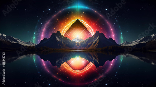 Abstract neon background with geometric circle shape, Beautiful frame and extraterrestrial landscape under the night sky and Rocks. Futuristic minimalist wallpaper. Created with Generative AI.