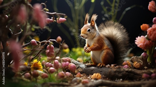 A squirrel in autumn eats nuts. photo