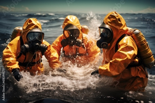 A group of scientists in hazmat suits investigating the radioactive fallout from a nuclear bomb explosion in the ocean photo