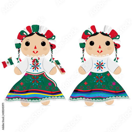 Mexican Rag doll with typical decorations of Independence Day, such as a flag, Matraca, and a mariachi bow. The patriotic Rag doll: A tribute to Mexico's Independence Day. Mexican Rag doll.