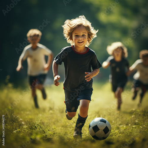 Children playing soccer football on the grass outside. created with generative AI technology. © hakule