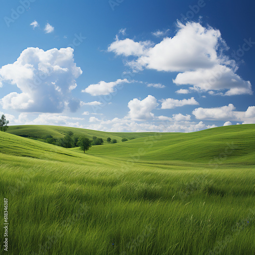 Landscape view of green grass on a hillside with blue sky and clouds in the background. Beautiful natural landscape of countryside hills created with generative AI technology. © hakule