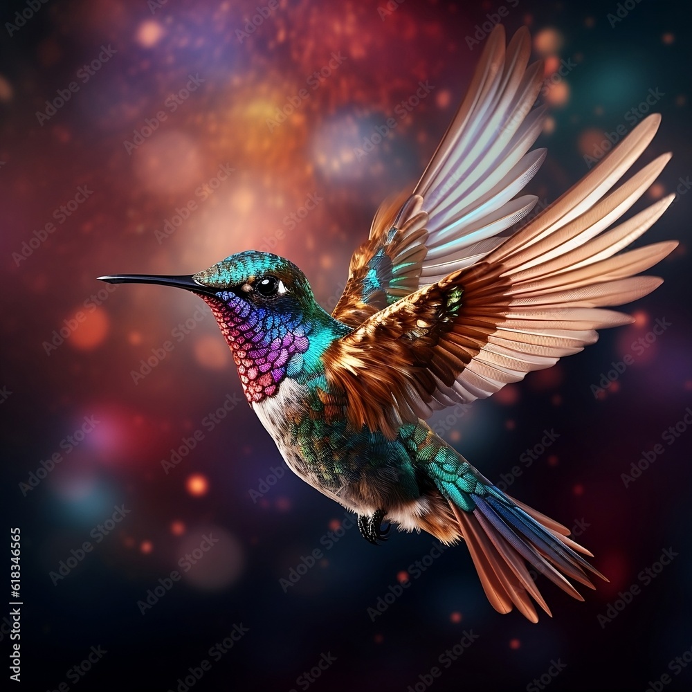 Create a vibrant and dynamic image of a hummingbird suspended mid-flight, its iridescent feathers shimmering in the sunlight