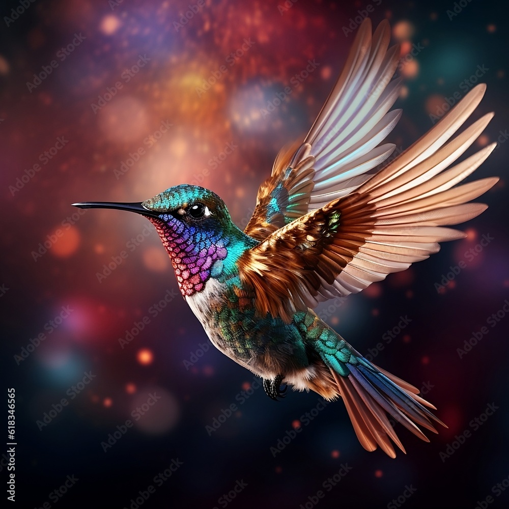 Obraz premium Create a vibrant and dynamic image of a hummingbird suspended mid-flight, its iridescent feathers shimmering in the sunlight