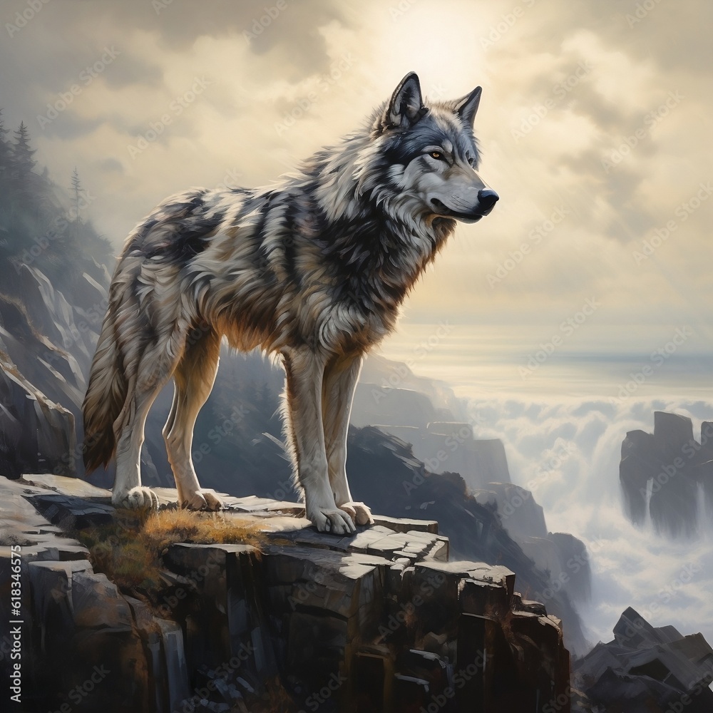 Create an evocative image of a lone wolf standing atop a windswept cliff, its piercing gaze fixated on the distant horizon, embodying both strength and solitude Create an evocative image of a lone wolf standing atop a windswept cliff, its piercing gaze fixated on the distant horizon, embodying both strength and solitude