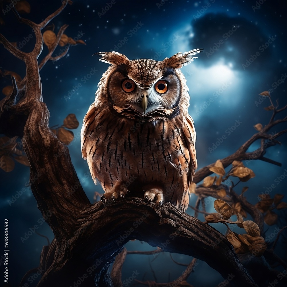 Create an image of a wise old owl perched on a gnarled tree branch under the moonlit sky Create an image of a wise old owl perched on a gnarled tree branch under the moonlit sky