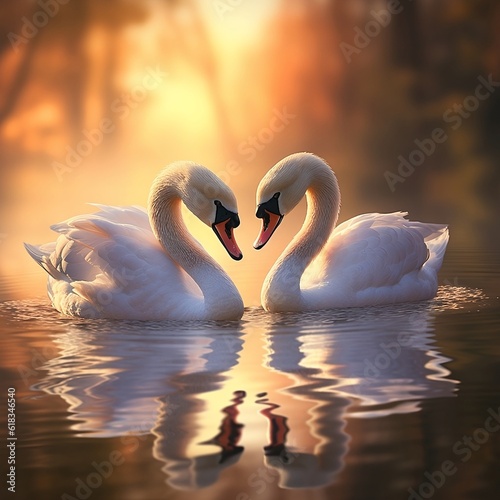 Compose a serene image of a pair of swans gracefully gliding across a glassy lake, their reflections mirroring their serene beauty