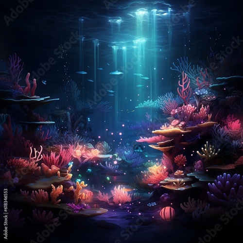 Compose a visually stunning image of a vibrant coral reef at night, with bioluminescent creatures illuminating the underwater world with an otherworldly glow