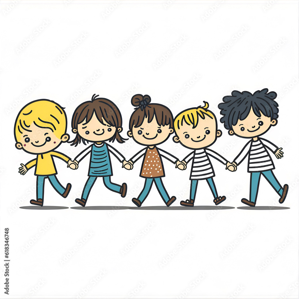 Group of happy kids holding hands. Friendship concept. Funny clip art illustration for kids.