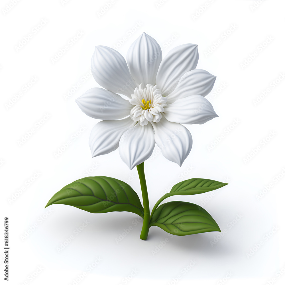 Sampaguita jasmine white flower and green leaves on white background, illustration. White