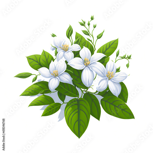 Sampaguita jasmine white flower and green leaves on white background, illustration. White flowers with green leaves, Sampaguita jasmine the national flowers of Republic of the Philippines. © chanjaok1