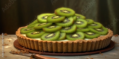 Kiwi fruit pie tart blurred background, AI Generateand