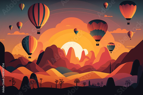 Generative AI. Cappadocia  Turkey. Colorful illustration of view of Cappadocia landscape. Turkish travel destination.  Banner  card  poster design. Hot air balloons. National park with fairy rock 