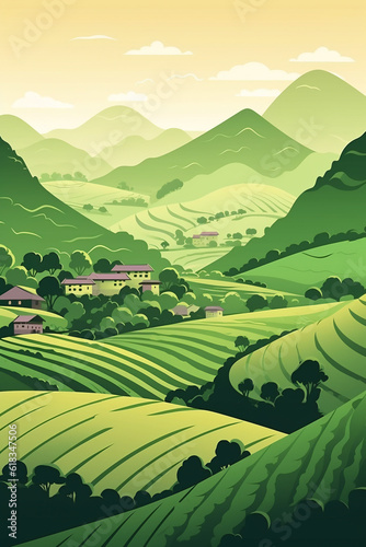 Generative AI. The tea plantations background , Tea plantations in morning light Tea plantations in Munnar, Kerala, India. Green tea fresh leaves. Tea plantations
