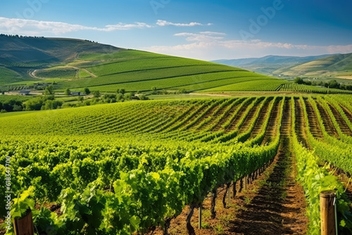 Green field with rows of vines for harvesting. Ripe grapes for the production of fine wines. Generative AI. photo