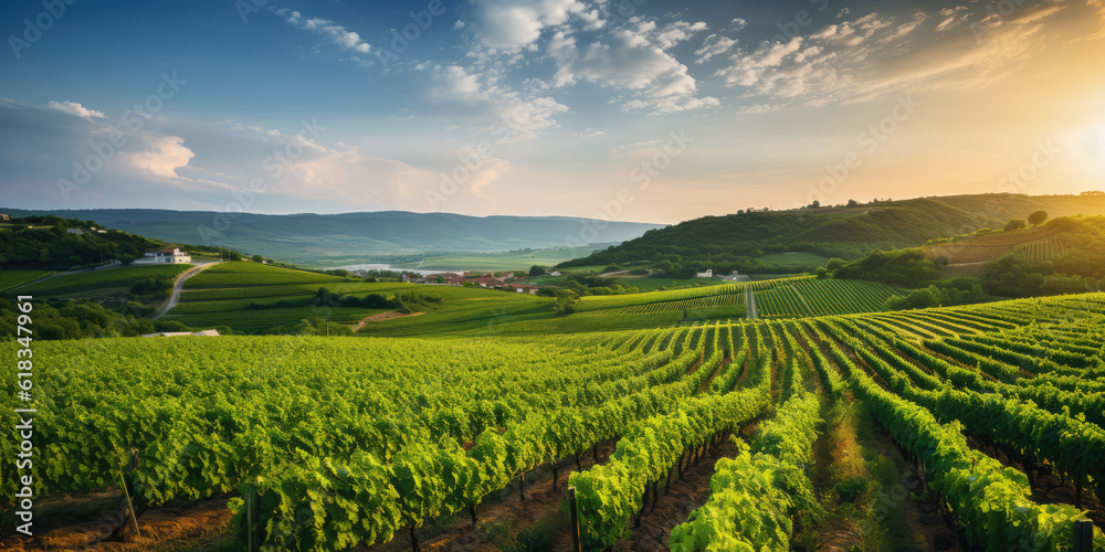 Green field with rows of vines for harvesting. Ripe grapes for the production of fine wines. Generative AI.