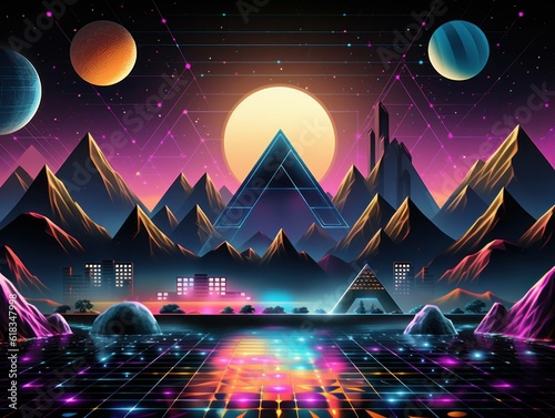 colourful 80s style design artwork in bright neon colours with bright pink accents, generative ai