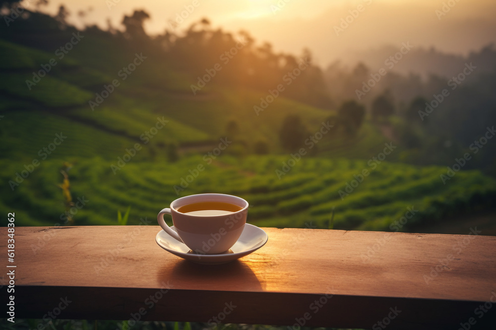 Generative AI. Cup of hot tea and tea leaf on the wooden table and the tea plantations background. Tea plantations. Green tea fresh leaves Generative AI. Cup of hot tea and tea leaf on the wooden table and the tea plantations background. Tea plantations. Green tea fresh leaves