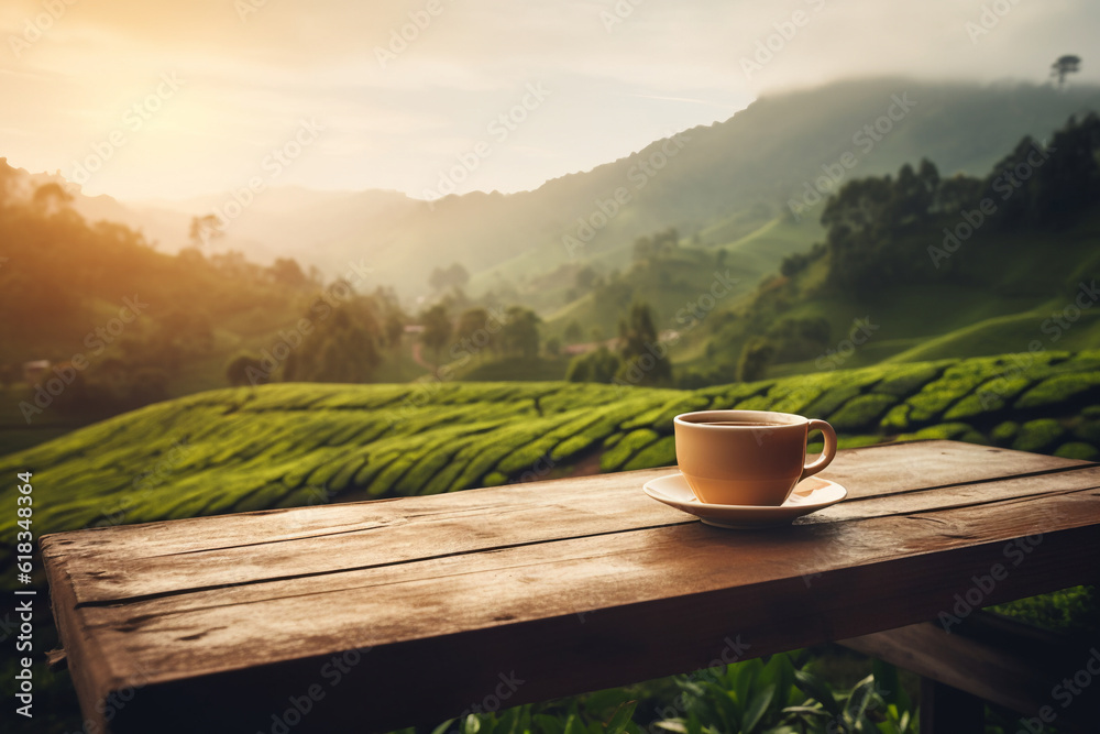 Generative AI. Tea Time With Plantation Of Tea Background. tea plantation. Healthy products by organic natural ingredients concept Generative AI. Tea Time With Plantation Of Tea Background. tea plantation. Healthy products by organic natural ingredients concept