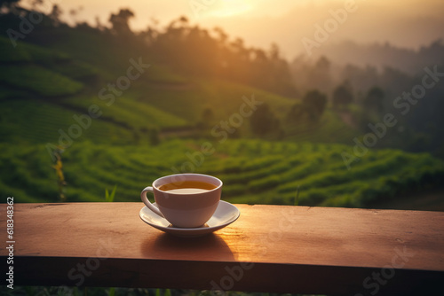 Generative AI. Cup of hot tea and tea leaf on the wooden table and the tea plantations background. Tea plantations. Green tea fresh leaves